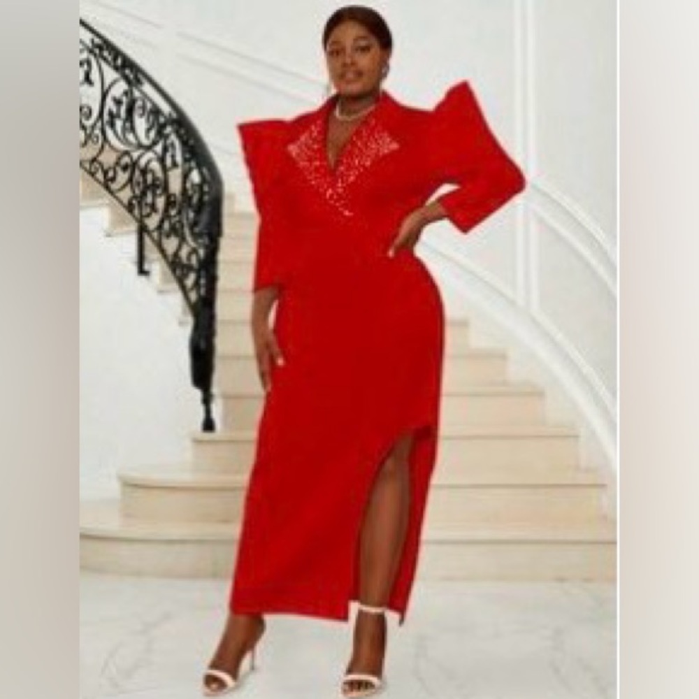 Pre-Loved Red Midi Dress with Embellished V-Neck, Puff Sleeve & Side Slit